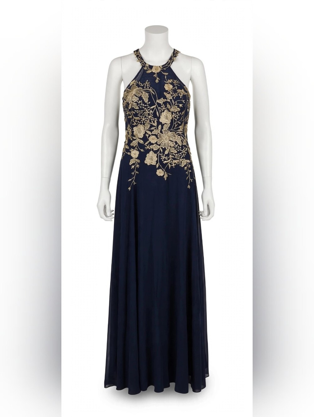 Embroidered Navy Evening Gown with Gold Floral Appliqué